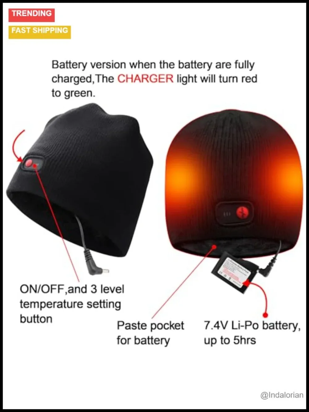 Rechargeable Heated Beanie with 3 Temperature Settings, Acrylic & Polyester,